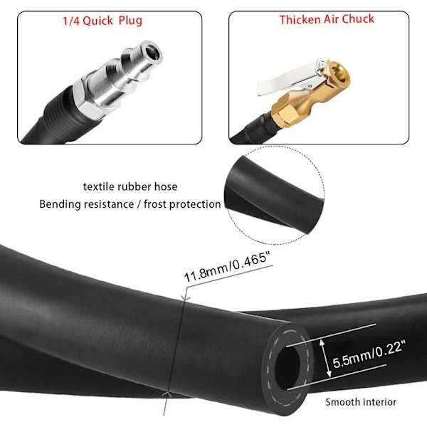 V2ine 8 tums uppblåsbar förlängningsgummislang, lås på luftchuck+gummislang+1/4&#34; Quick Plug, Closed Flow Tire Inflator Chuck med klämma för 1pack 8inch infalte hose