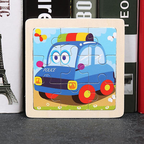 11x11cm Träpussel för barn Tecknad Djurtrafik Tangram Träpusselleksaker Pedagogiska sticksågsleksaker för barn Presenter C 18-police Car