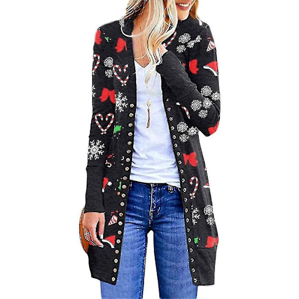 Christmas Cardigan Dam Långärmad Xmas Jumper öppen främre kappa Dark Black L