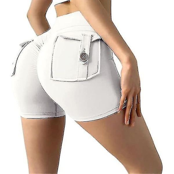 Lure Pocket Shorts, Estetiska träningshorts med fickor, Dam Butt Lifting Yoga Shorts, Fickshorts för kvinnor White L