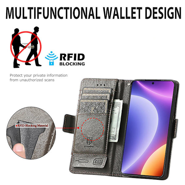 Caseneo 002 Series Phone case För Xiaomi Redmi Note 12 Turbo / Poco F5 5g, Splicing Pu Leather Rfid Blocking Stand Cover Grey
