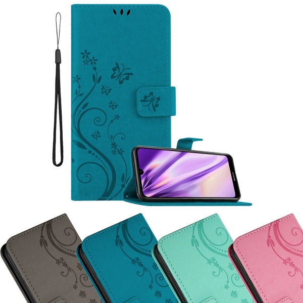 Huawei Y6 2019 Sleeve Cover Case Case - med blommönster och stativfunktion och kortplats FLORAL BLUE Y6 2019