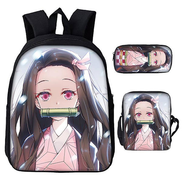 3st/ set Japan Anime Demon Slayer Studenter Pojkar Flickor Skolväska Ryggsäck Barn Tonåring Tecknad Oxford Vattentät skolväska Silver 19 inches