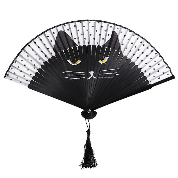 Vorcool Women Cartoon Cat Folding Silk Fan Handheld Fan (svart) Black none