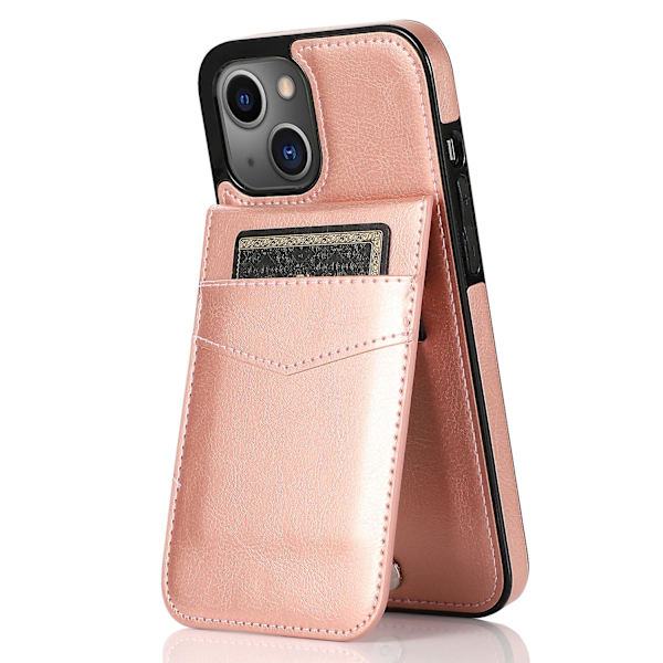 Telefon Kickstand Case För Iphone 14 Plus, Korthållare Pu Läder + Tpu Cover Rose Gold