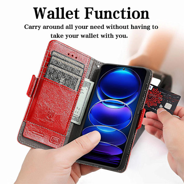 Caseneo 002-serien Rfid-blockerande case för Xiaomi Redmi Note 12 Pro 5g / Note 12 Pro Speed ​​5g / Poco X5 Pro 5g, skarvningsplånboksställ Red