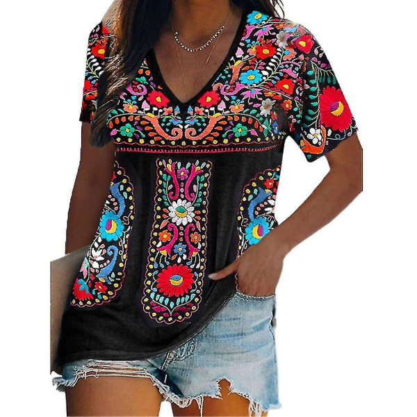 Kvinnor Boho blommig kortärmad V-ringad T-shirt Casual Tops Tee Black 2XL