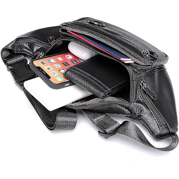 Äkta läder Fanny Pack välgjord slitstark midjeväska i läder med massor av fickor med blixtlås Svart null none