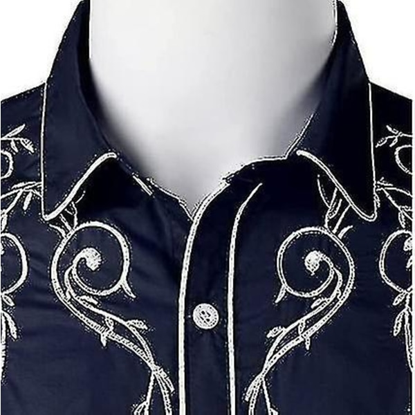 Western Cowboyskjorta för män Broderad långärmad Casual Slim Fit Button Down-skjorta navy blue M