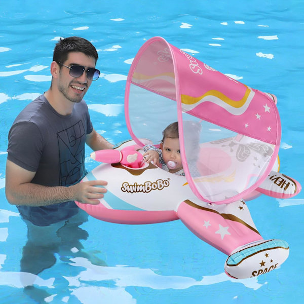Swimbobo Toddler Uppblåsbar bil Baby med justerbart soltak och säkerhetssits Poolleksaker för barn Pink Airplane