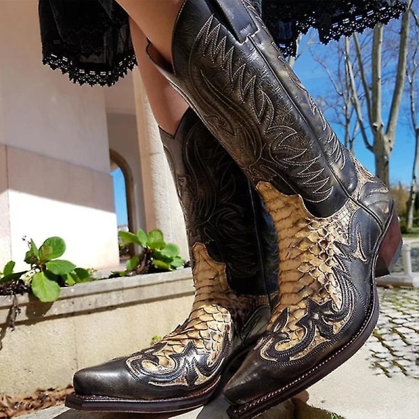 Python Western Boot Colorblock Broderi Män Stövlar Mode Moderna Skor 43