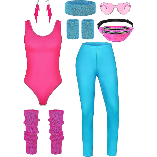 8 delar Kvinnor 80-tals träningskostym Halloween 90-tals outfit Accessoarer Set Leotard Rumväska Glasögon Pannband Benvärmare Fluorescent Blue X-Large