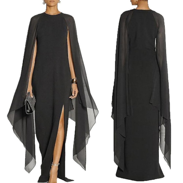 Kvinnors eleganta hög split flare ärm formella aftonklänningar maxi klänning BLACK M