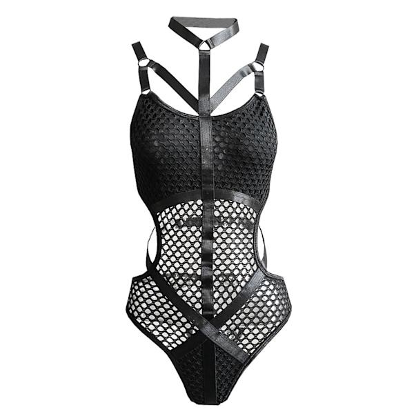 Kvinnor Sexig Hollow Out Bodycon Fishnet Halter Bodysuits Patchwork Underkläder Svart M