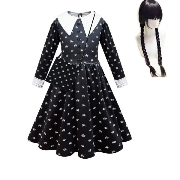 2023 onsdag Addams Cosplay set för flickor svart printed klänning Karnevalsfestförklädnad 2 piece set 120cm