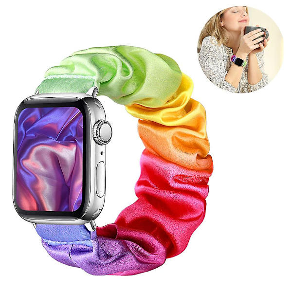 Fong Fong Kompatibel med Kompatibel med Apl Watch Hårring Mjukt mönster Printed tyg Armband Armband Dam Iwatch Elastic Scru 42  44 Rainbow colors