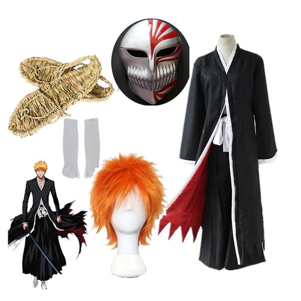 Anime Bleach Cosplay Kostymer Ichigo Kurosaki Hollow Mask Män Ichigo Peruk Svart Kappa Med Halm Sandaler Strumpor Toppar Och Byxor Set 3 MBleach