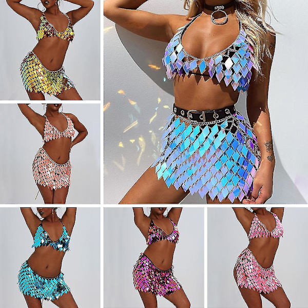 Paljetter Tofsar Body Chain Outfits BH Kjol Blå Bikini Rave Festival Clubwear Tw Rose Red