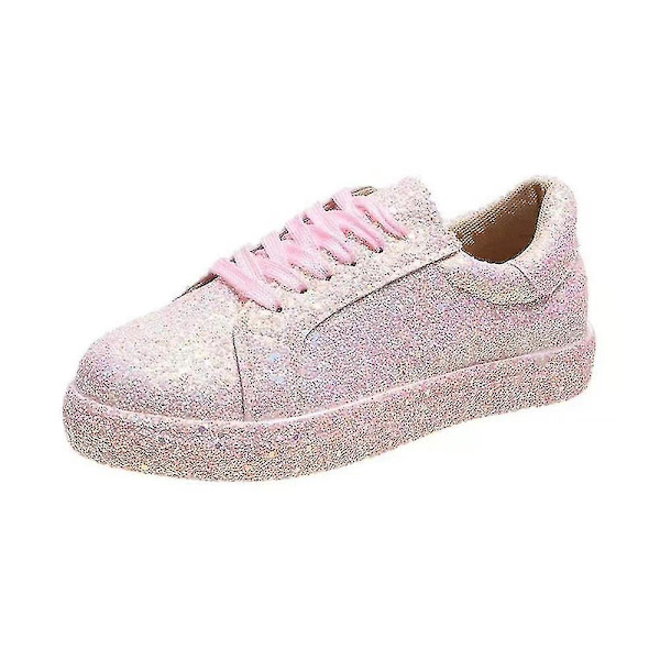 Kvinnor med snörning Glitter Sneakers Glitter Casual Jogging Sneakers Platta skor Pink 37