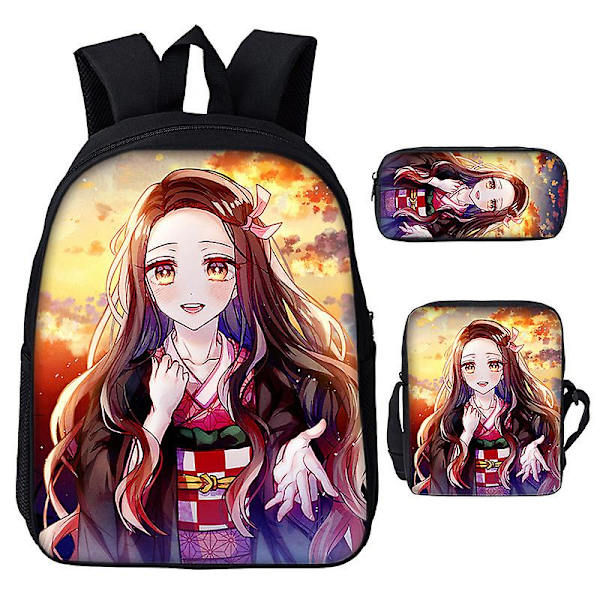 3st/ set Japan Anime Demon Slayer Studenter Pojkar Flickor Skolväska Ryggsäck Barn Tonåring Tecknad Oxford Vattentät skolväska Light yellow 17 Inches