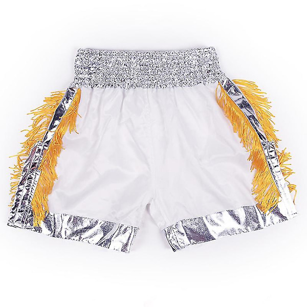 Muay Thai Shorts Tassels Boxningshorts Dam Herr Barn Andningsbar Satin Kickboxning Träningsbyxor Mma Kampsport Utrustning LS001 Gold Tassels M