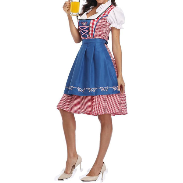 National Style Beer Festival Wench Kostym Oktoberfest Dirndl Klänning med Förkläde Maid Uniform Suit Blue M