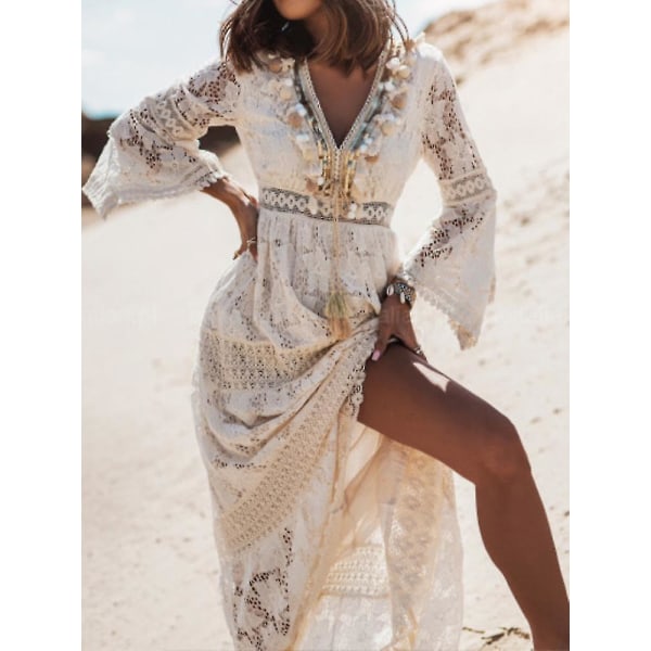 Sommar Boho Långa Klänningar Kvinnor Spets V-hals Spaghetti Rem Klänning Dam Off Shoulder Strandklänning Vit Klänning Vestidos De Mujer DHLYQ19 Beige L