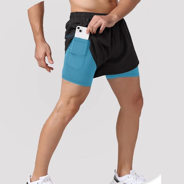 Sport Shorts för Män 2023 - Dubbellager Träningsshorts, Sommar 2-i-1 Strandkläder, Jogging, Gym, Löpning, Z XXL Blue