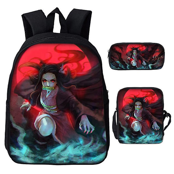 3st/ set Japan Anime Demon Slayer Studenter Pojkar Flickor Skolväska Ryggsäck Barn Tonåring Tecknad Oxford Vattentät skolväska Lavender 19 inches
