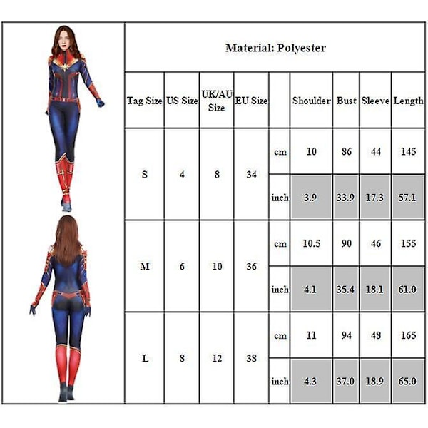 Dam Kapten Marvel Hero Kostym Kapten Marvel Kostym Cosplay Body Jumpsuit Halloween Kvinnlig Dress Up M