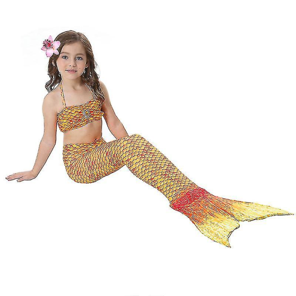 Barn Flickor Mermaid Tail Bikini Set Badkläder Baddräkt Simdräkt F Orange 9-10 Years