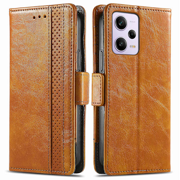 Caseneo 002-serien Rfid-blockerande case för Xiaomi Redmi Note 12 Pro 5g / Note 12 Pro Speed ​​5g / Poco X5 Pro 5g, skarvningsplånboksställ Light Brown