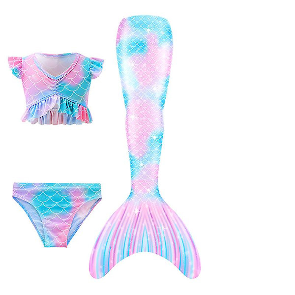 Sommarflicka sjöjungfru stjärt med monofin Halloween kostym prinsessa klänning baddräkt bikini badkläder för simning V 150cm(11-12T) 3PCS without fins16