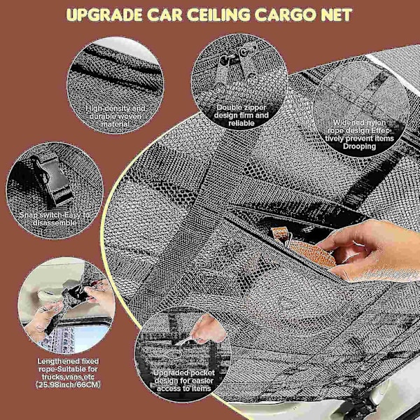 Uppgradera Car Ceiling Cargo Mesh Bag, 80x55cm förstärkt lastbärande och inget hängande mesh null none