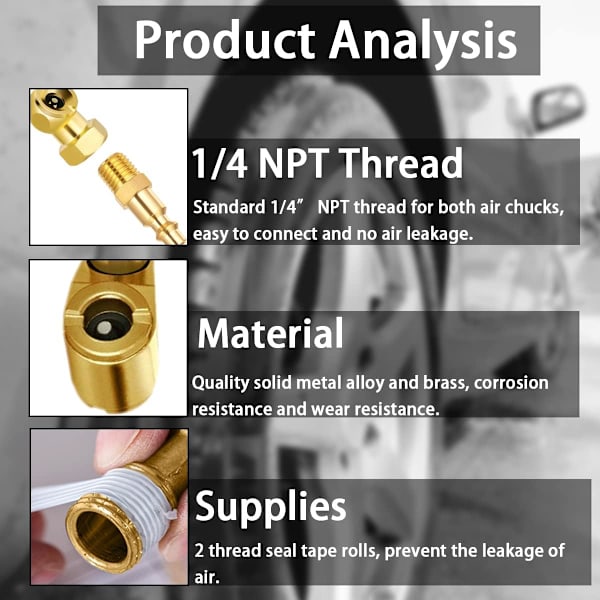zipelo 2-vägs anslutning Heavy Duty Air Chuck Set, 1/4&#34; Kvinna NPT Closed Ball Tire Chuck, Heavy Duty Dual Head, Standard Hane Quick Plug