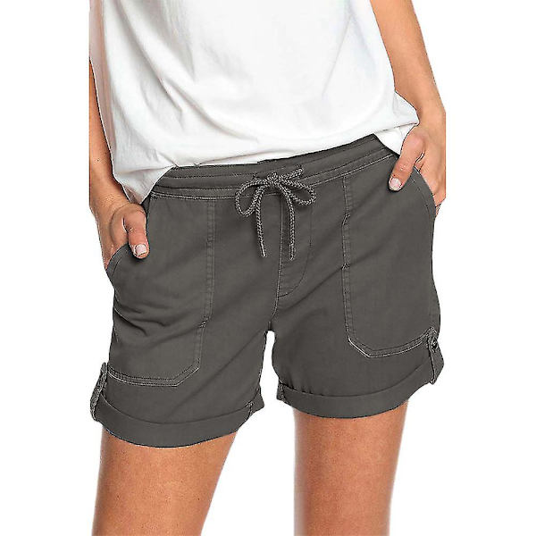 Dam sommar elastisk midja dragsko cargoshorts med fickor korta byxor Dark Gray L