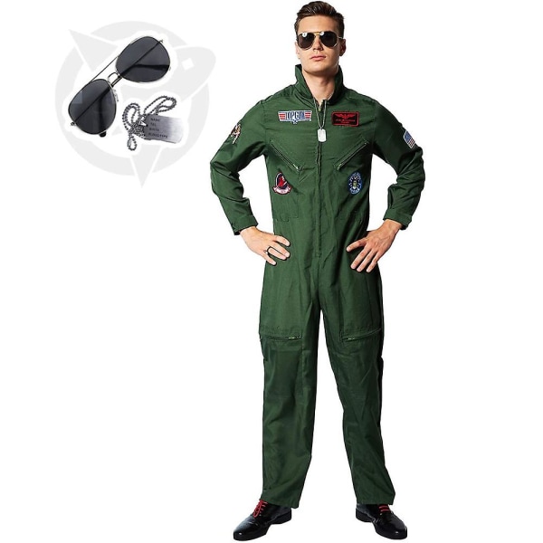 Eraspooky Top Gun Film Cosplay American Airforce Uniform Halloween Kostymer För Män Vuxen Armégrön Militär Pilot Jumpsuit Hög kvalitet Green M