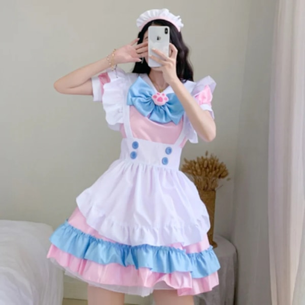 Plus Size Kawaii Klänning Cosplay Kostymer Skolflicka Piga Kläder Viktoriansk Klänning Anime Rosa Japansk Gotisk Lolita Kläder 4XL Pink Bow Headdress