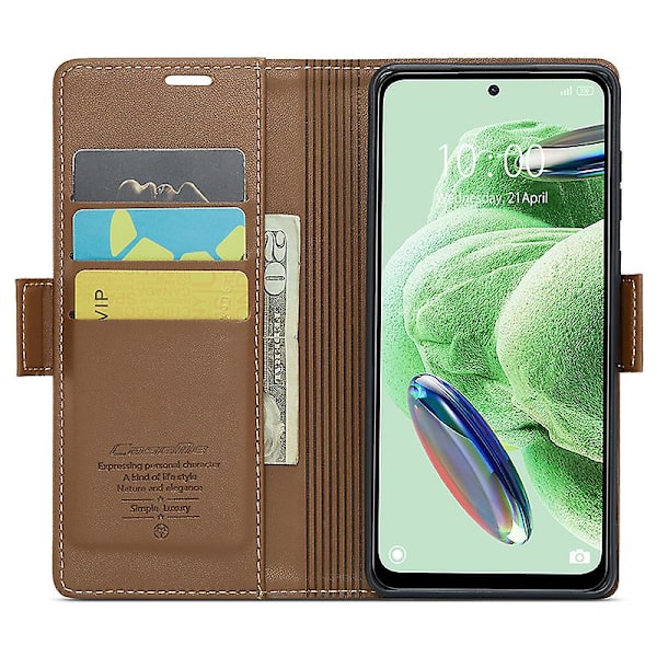 Caseme 023-serien för Xiaomi Redmi Note 12 5g (kina) / (indien) / (global) / Poco X5 5g Litchi Texture Rfid Blockerande case Läder Sta Brown