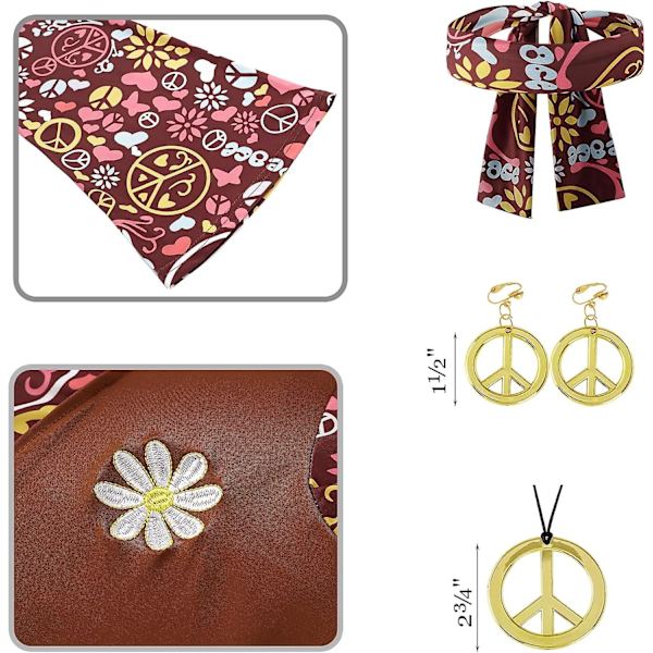 Plus Size Hippie Kostym för Kvinnor 60-tal 70-tal Disco Kläder Halloween Festklänning Set Khaki 4-6