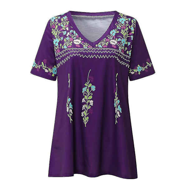 Kvinnor Boho blommig kortärmad V-ringad T-shirt Casual Tops Tee Purple 2XL