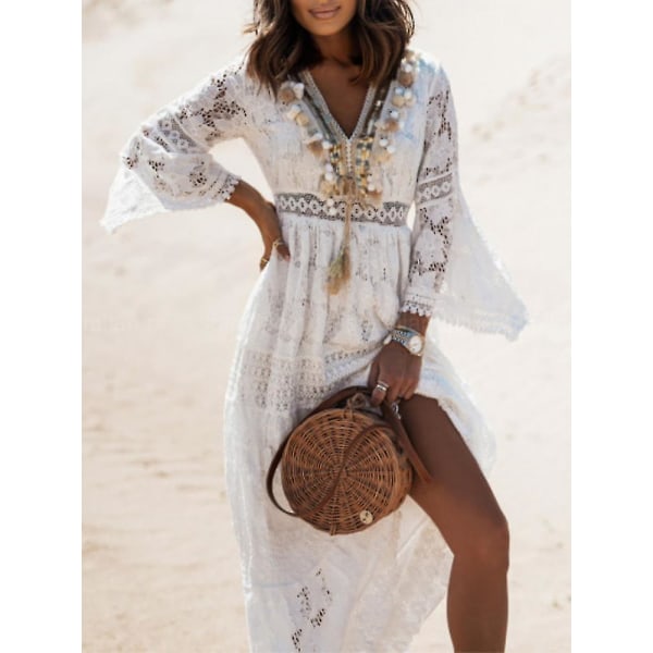 Sommar Boho Långa Klänningar Kvinnor Spets V-hals Spaghetti Rem Klänning Dam Off Shoulder Strandklänning Vit Klänning Vestidos De Mujer DHLYQ19 White L