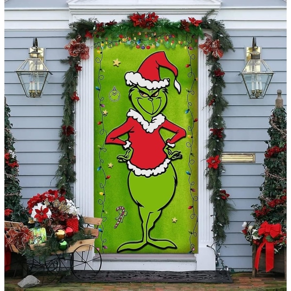 Grinch Jul Cover Dekorationer Grinch Grön Bakgrund God Jul Verandaskylt för Inomhus Utanför Ytterdörr Festtillbehör null none
