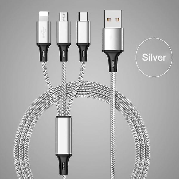 3 i 1 USB laddningskabel, datakabel, snabbladdningskabel 2 m kabel Silver