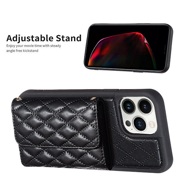 Bf23-stil för Iphone 13 Pro Max korthållare Läder+tpu case Kickstand Cover Black