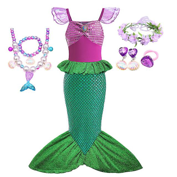 Disney Little Mermaid Ariel Prinsessdräkt Barnklänning För tjejer Cosplay Barn Karneval Födelsedagsfest Kläder Sjöjungfruklänning V 3-4T(size 110) 7pcs Mermaid Set3