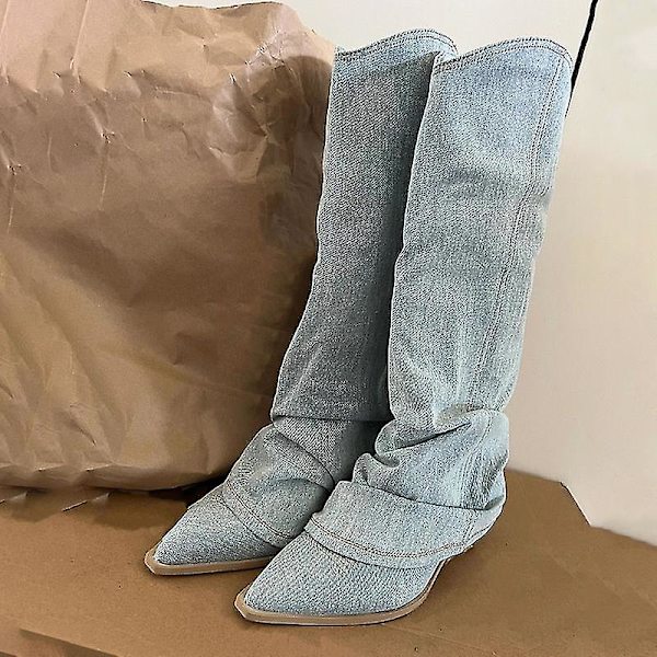 Veck Blå jeanslår höga stövlar för kvinnor 2023 Höst tjockklackade spetsiga tå Cowboystövlar Kvinna Slip On Western långa stövlar long boots 41