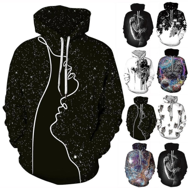 Män Print Hoodies Långärmad Pullover Jacka Sport Hooded Sweatshirt Jumper Toppar Black XL