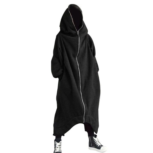 Unisex långärmad huva Nazgul lång kappa dragkedja Fleecefodrad lång luvtröja Black 2XL