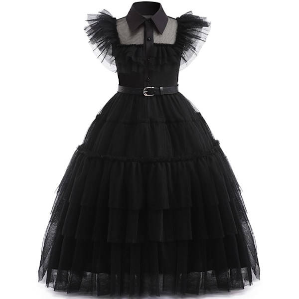 Europeiska och amerikanska explosioner flickor mesh klänning klänning cosplay onsdag dam fest prestanda lång klänning D1144 black + belt 120cm